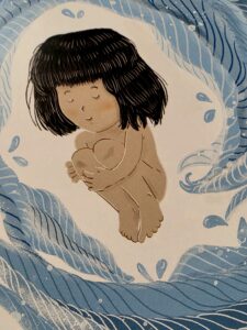 Ilustração mostra Zabelê sonhando com as águas do mar
