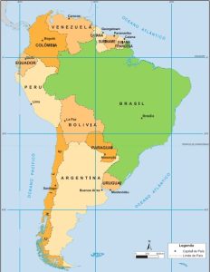 Mapa demonstrando os países que formam a América do Sul.
